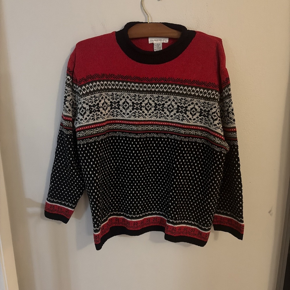 Vintage Claudia D Red Fair Isle Roll Neck Nordic Knit 90s Ski Pullover Large